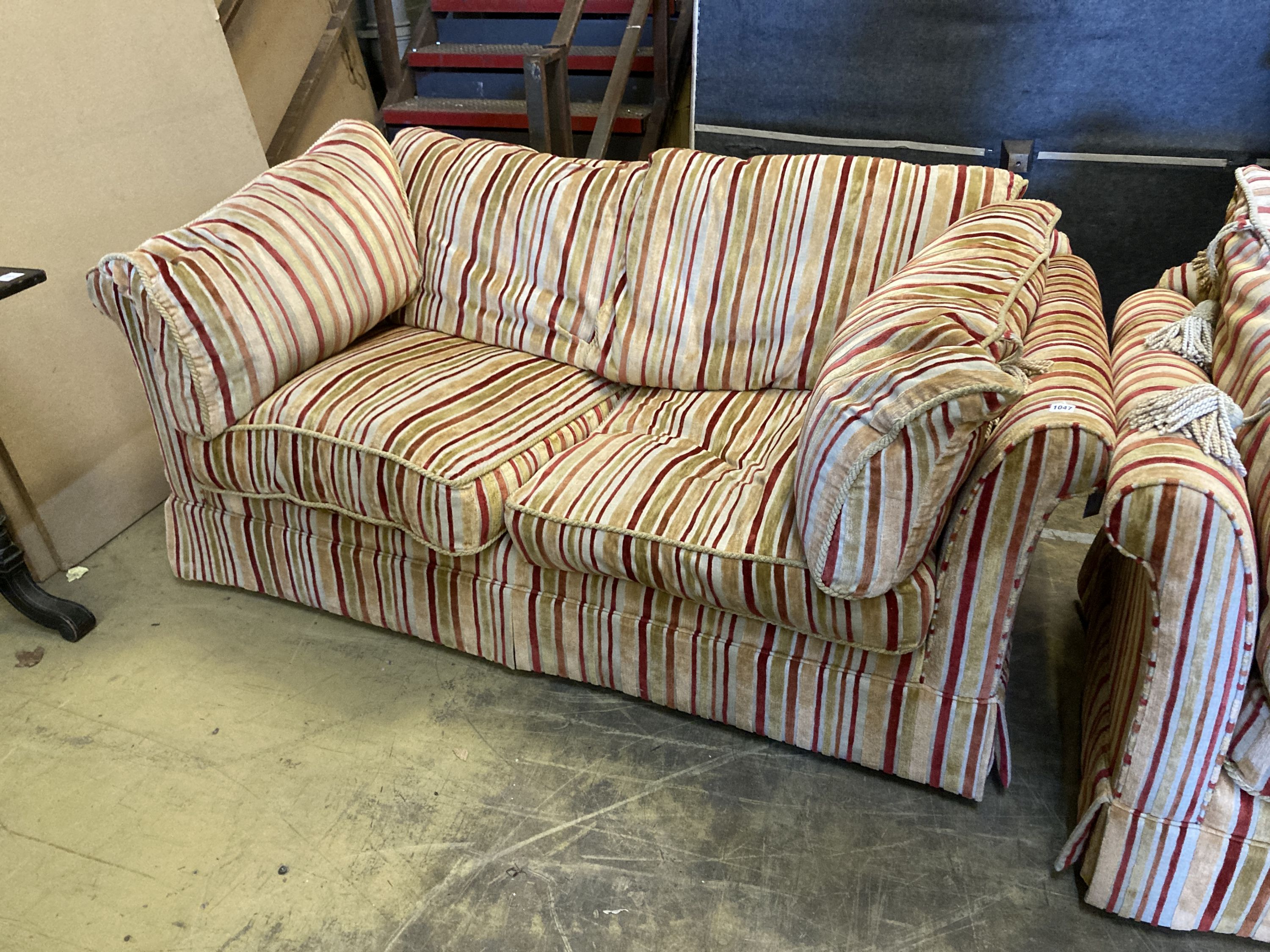 A pair of contemporary sofas covered in cut velvet, larger length 220cm, depth 100cm, height 80cm